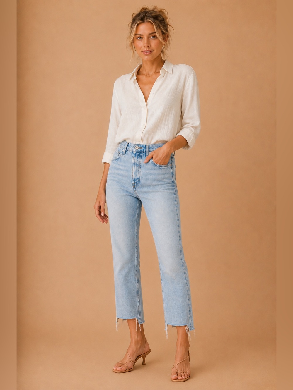 rag & bone Acid Wash Button Fly High Waist Cropped Ankle Jeans Distressed Hem